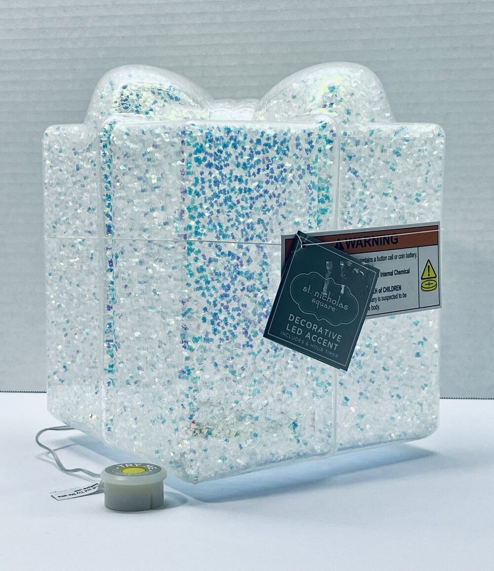 This is a white iridescent glitter light-up gift box decoration Brand New!
